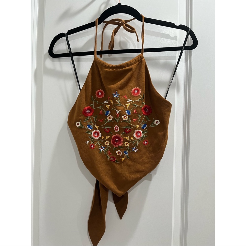 Back tie embroidered floral halter suede top